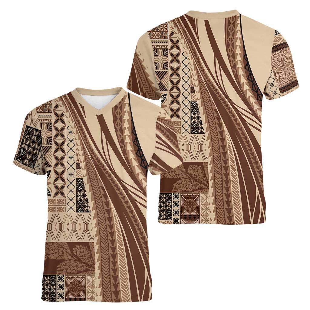 Pasifika Women's Day - Samoa Siapo Malu Tattoo Inspired Women V-Neck T-Shirt Beige