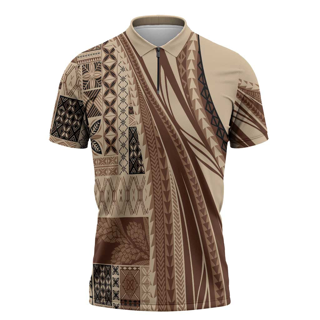 Pasifika Women's Day - Samoa Siapo Malu Tattoo Inspired Zipper Polo Shirt Beige LT7 Beige - Polynesian Pride