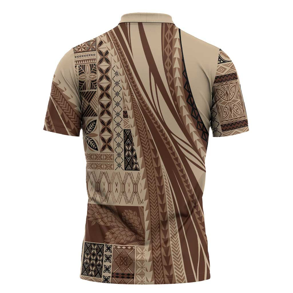 Pasifika Women's Day - Samoa Siapo Malu Tattoo Inspired Zipper Polo Shirt Beige LT7 - Polynesian Pride