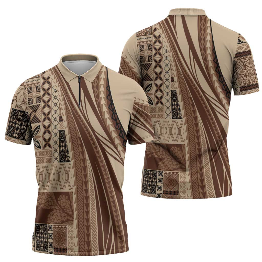 Pasifika Women's Day - Samoa Siapo Malu Tattoo Inspired Zipper Polo Shirt Beige LT7 - Polynesian Pride