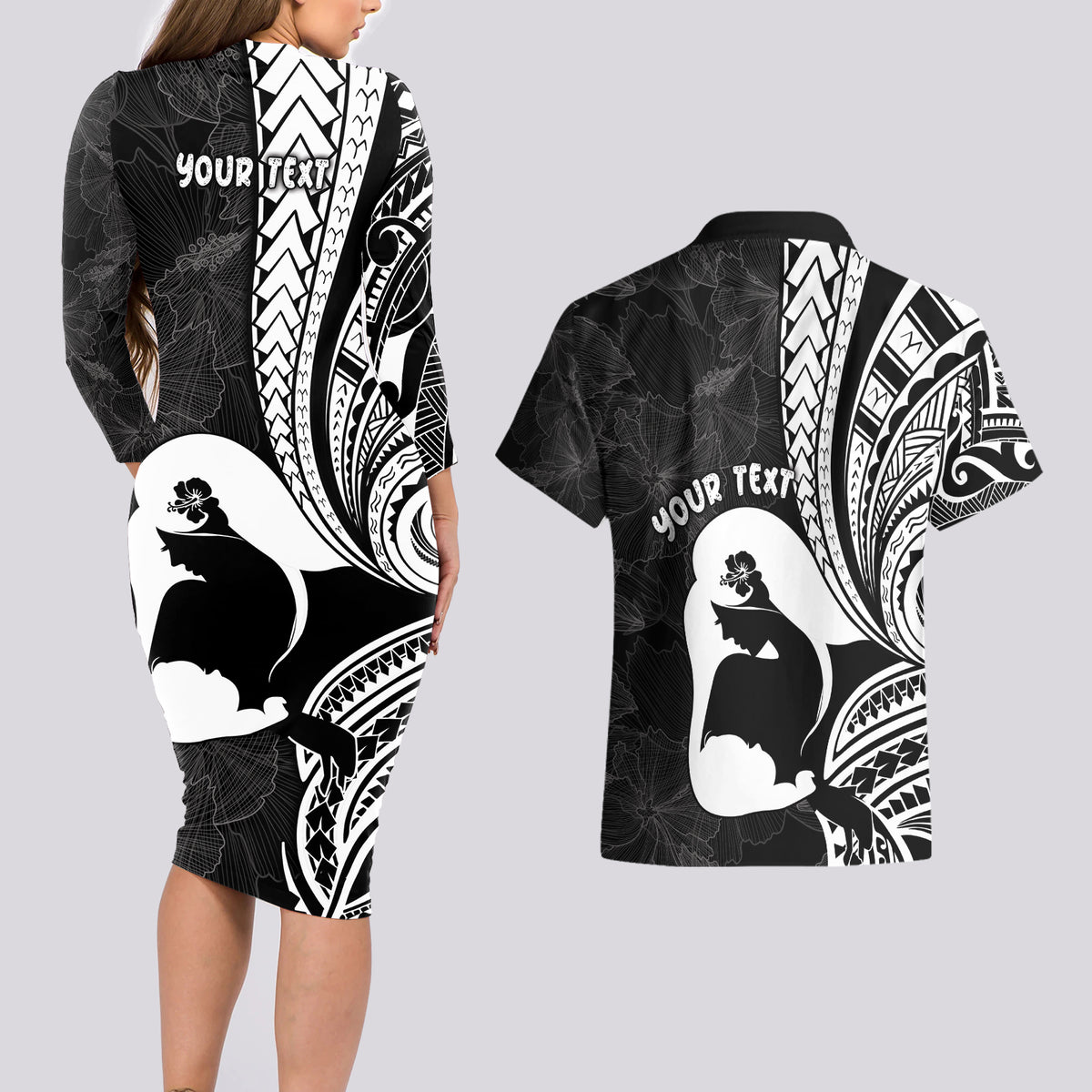 Mother's Day Couples Matching Long Sleeve Bodycon Dress and Hawaiian Shirt Polynesia Vintage Hibiscus - Black LT7 - Polynesian Pride