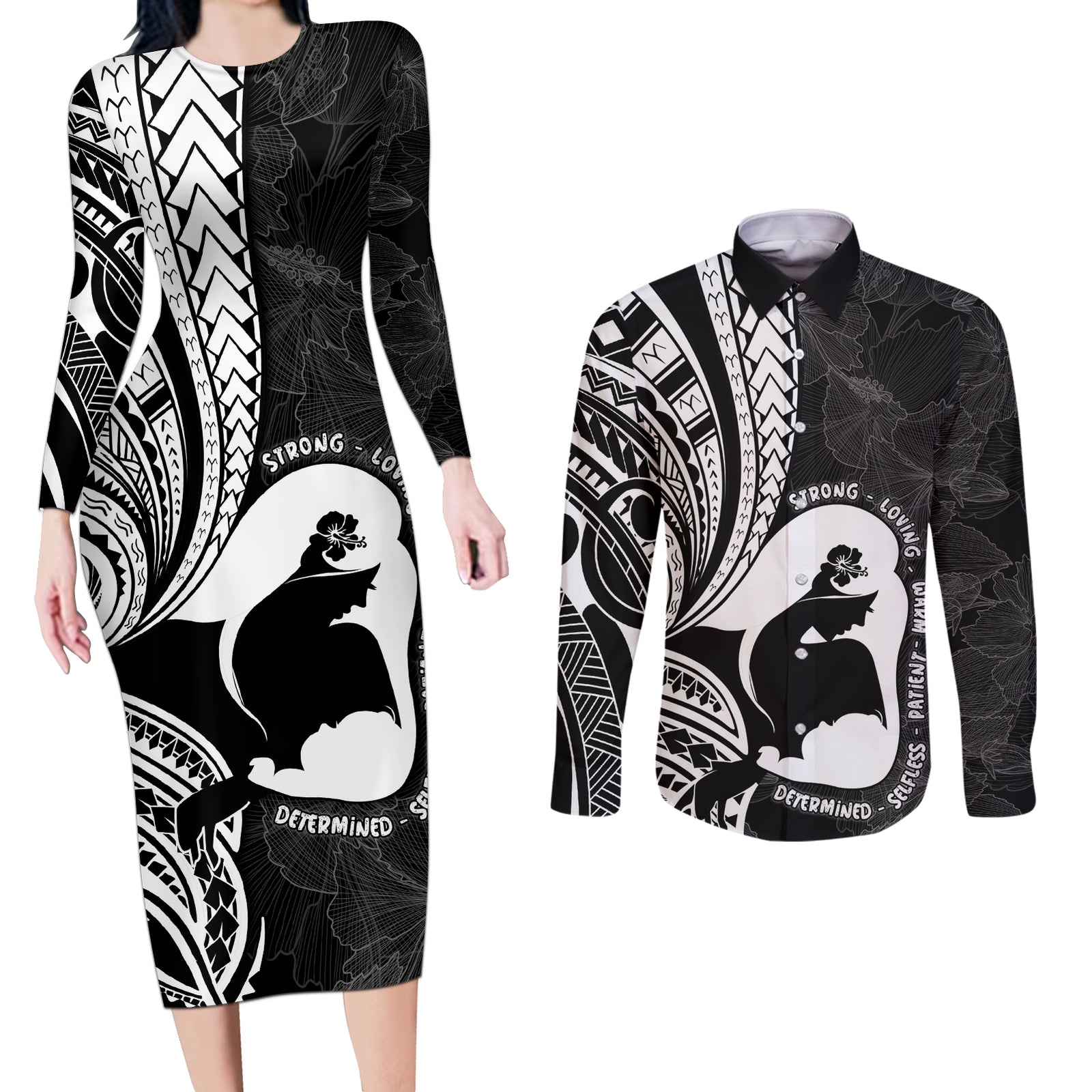 Mother's Day Couples Matching Long Sleeve Bodycon Dress and Long Sleeve Button Shirt Polynesia Vintage Hibiscus - Black