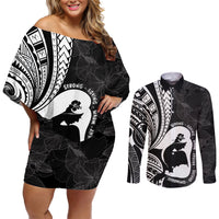 Mother's Day Couples Matching Off Shoulder Short Dress and Long Sleeve Button Shirt Polynesia Vintage Hibiscus - Black