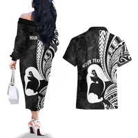 Mother's Day Couples Matching Off The Shoulder Long Sleeve Dress and Hawaiian Shirt Polynesia Vintage Hibiscus - Black LT7 - Polynesian Pride