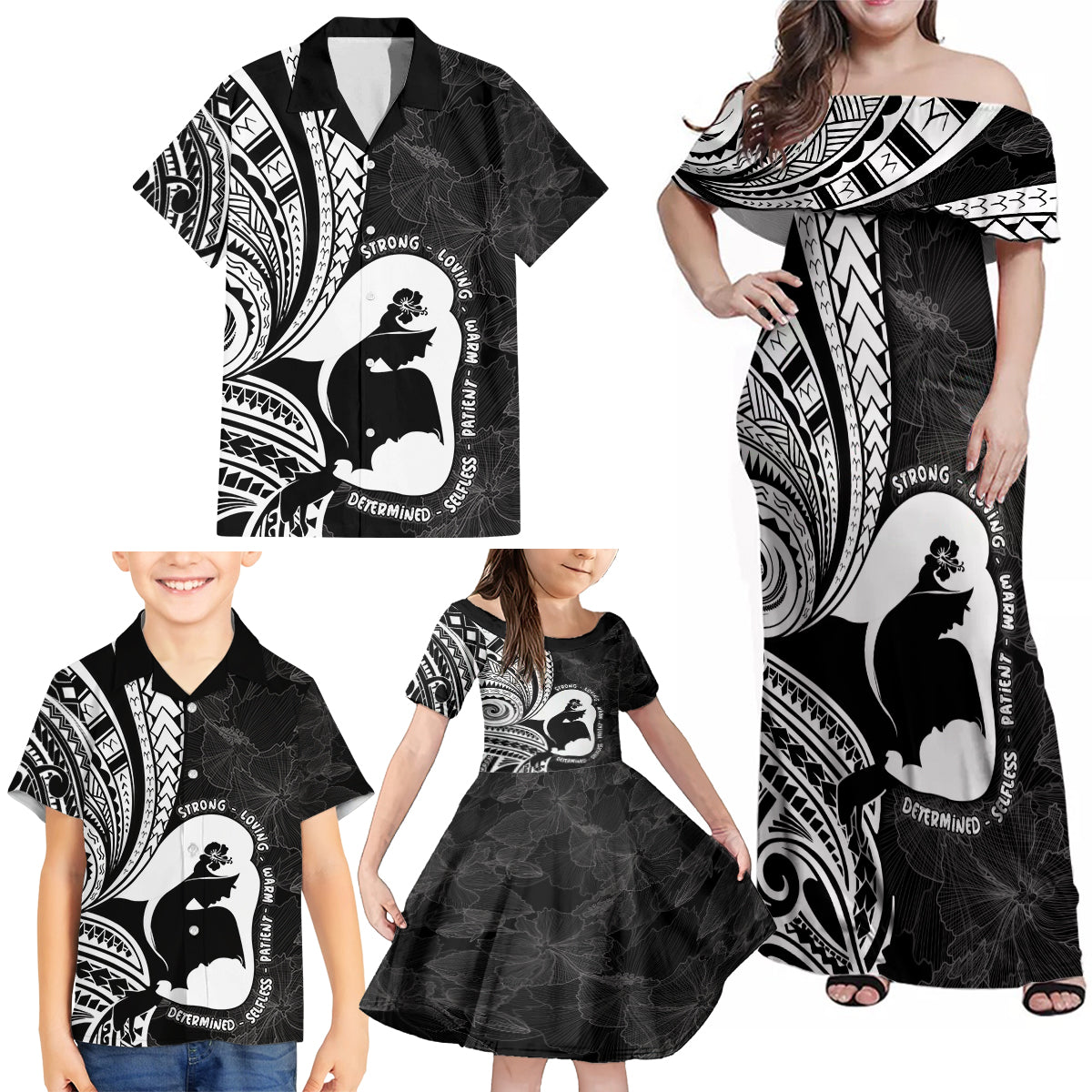 Mother's Day Family Matching Off Shoulder Maxi Dress and Hawaiian Shirt Polynesia Vintage Hibiscus - Black LT7 - Polynesian Pride