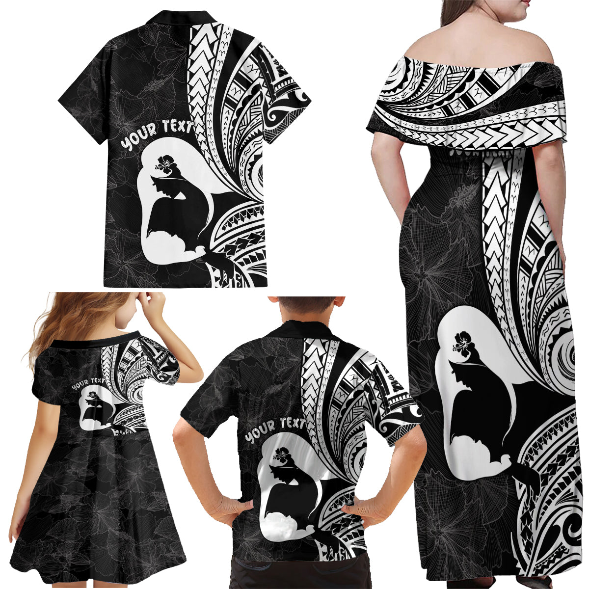 Mother's Day Family Matching Off Shoulder Maxi Dress and Hawaiian Shirt Polynesia Vintage Hibiscus - Black LT7 - Polynesian Pride