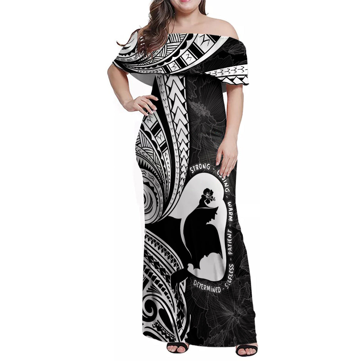 Mother's Day Family Matching Off Shoulder Maxi Dress and Hawaiian Shirt Polynesia Vintage Hibiscus - Black LT7 Mom's Dress Black - Polynesian Pride