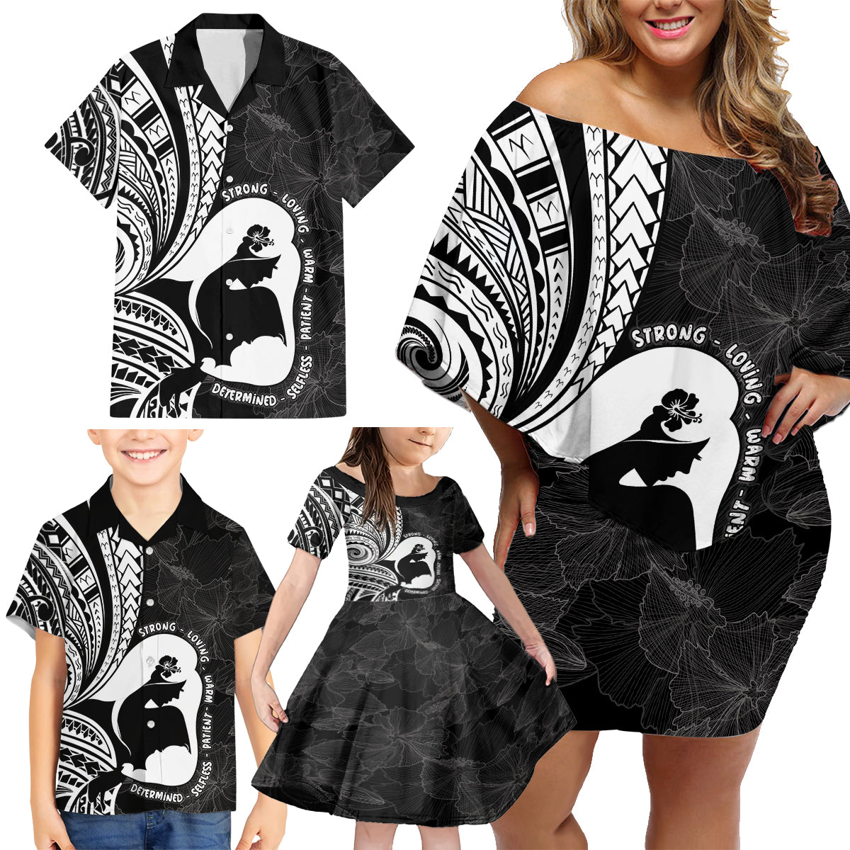 Mother's Day Family Matching Off Shoulder Short Dress and Hawaiian Shirt Polynesia Vintage Hibiscus - Black LT7 - Polynesian Pride