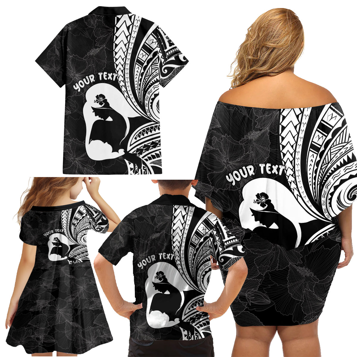 Mother's Day Family Matching Off Shoulder Short Dress and Hawaiian Shirt Polynesia Vintage Hibiscus - Black LT7 - Polynesian Pride