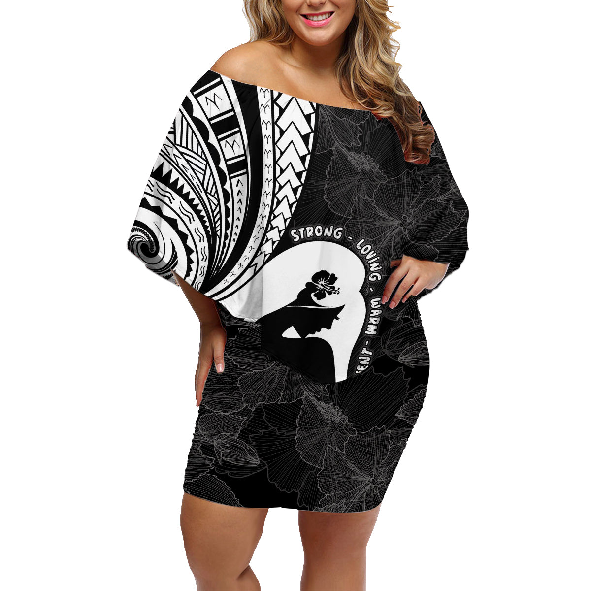 Mother's Day Family Matching Off Shoulder Short Dress and Hawaiian Shirt Polynesia Vintage Hibiscus - Black LT7 Mom's Dress Black - Polynesian Pride