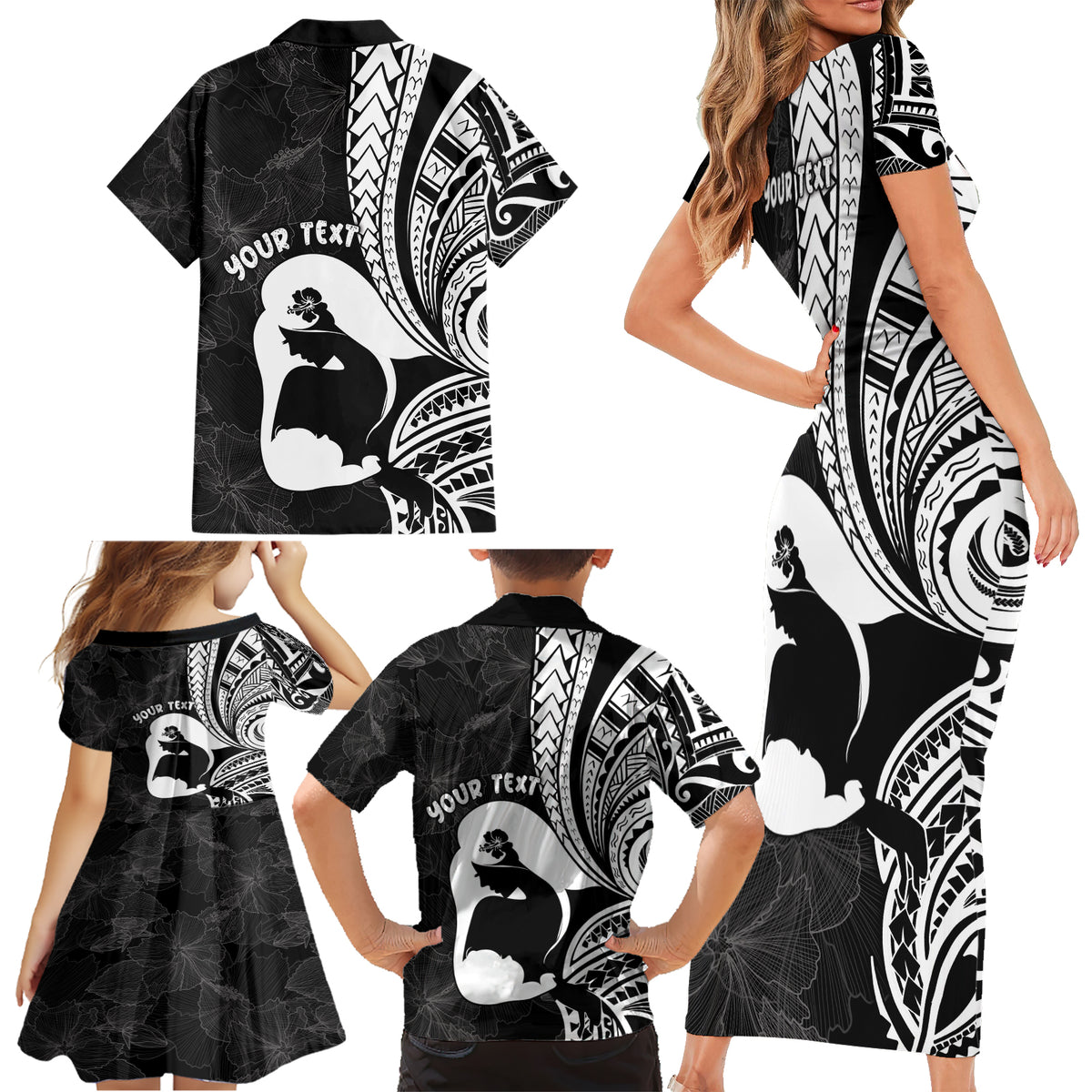 Mother's Day Family Matching Short Sleeve Bodycon Dress and Hawaiian Shirt Polynesia Vintage Hibiscus - Black LT7 - Polynesian Pride