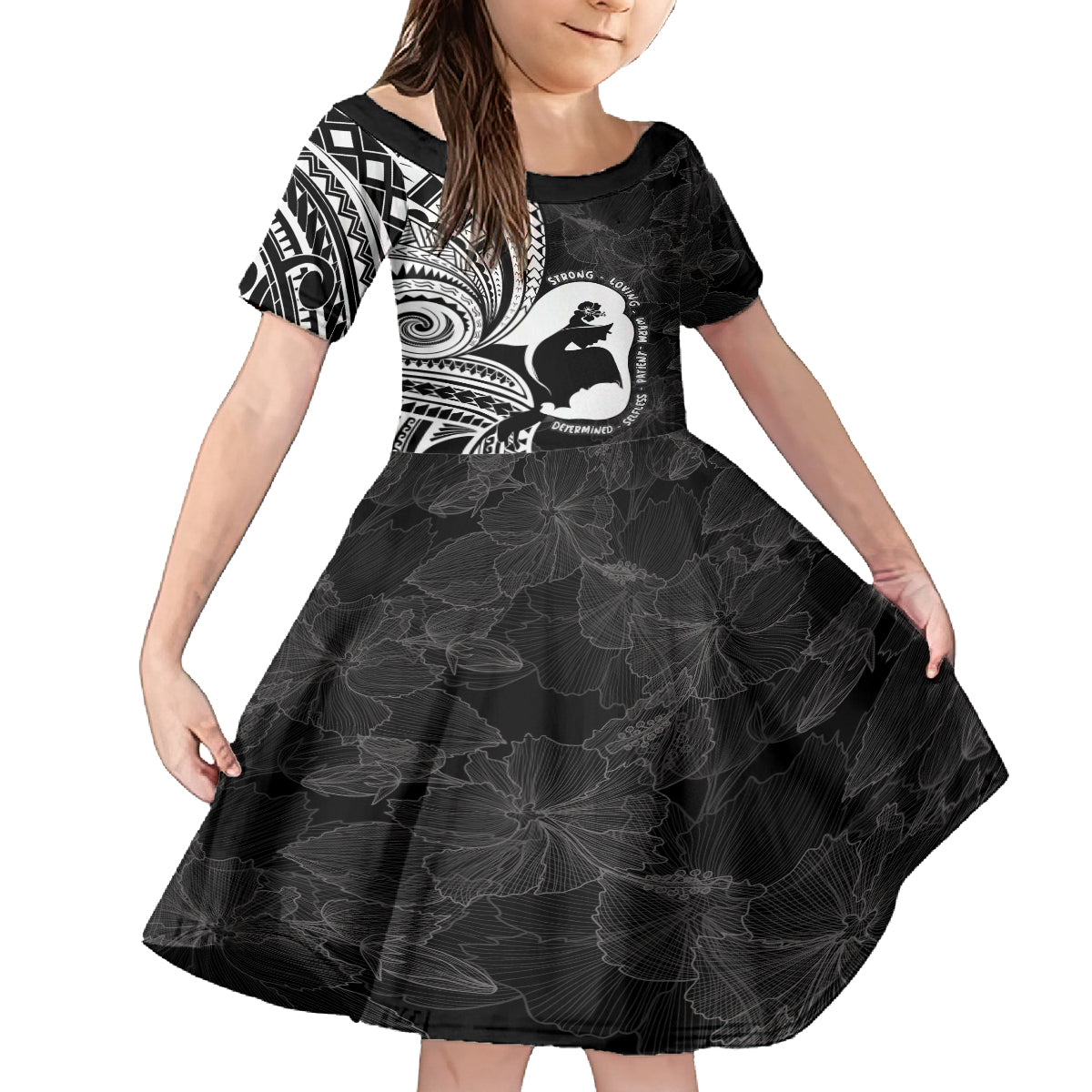 Mother's Day Family Matching Summer Maxi Dress and Hawaiian Shirt Polynesia Vintage Hibiscus - Black LT7 Daughter's Dress Black - Polynesian Pride