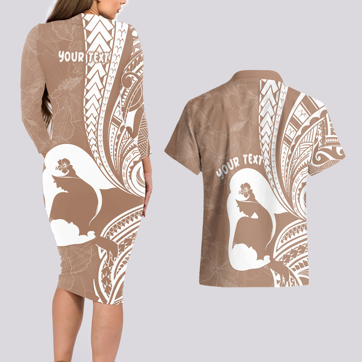 Mother's Day Couples Matching Long Sleeve Bodycon Dress and Hawaiian Shirt Polynesia Vintage Hibiscus - Brown LT7 - Polynesian Pride