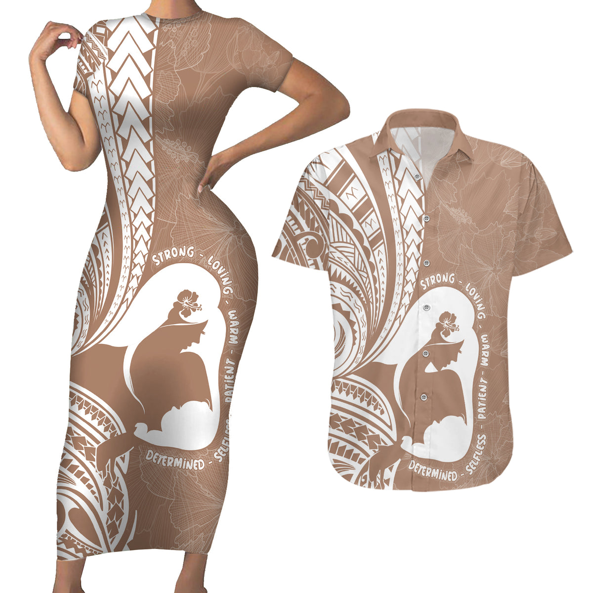 Mother's Day Couples Matching Short Sleeve Bodycon Dress and Hawaiian Shirt Polynesia Vintage Hibiscus - Brown LT7 Brown - Polynesian Pride