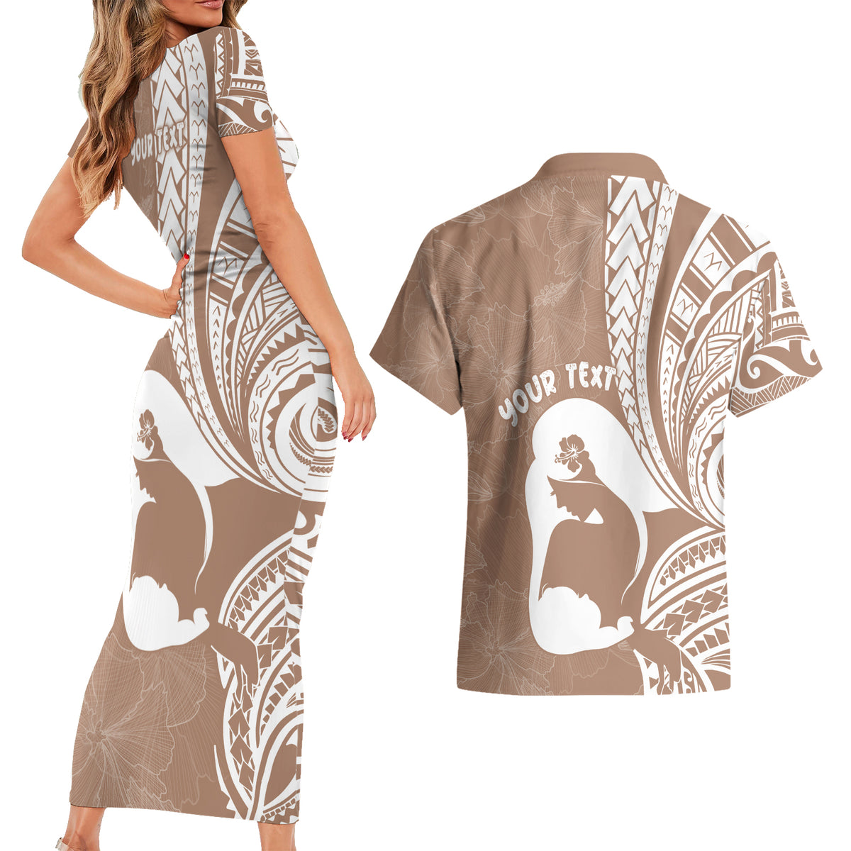 Mother's Day Couples Matching Short Sleeve Bodycon Dress and Hawaiian Shirt Polynesia Vintage Hibiscus - Brown LT7 - Polynesian Pride