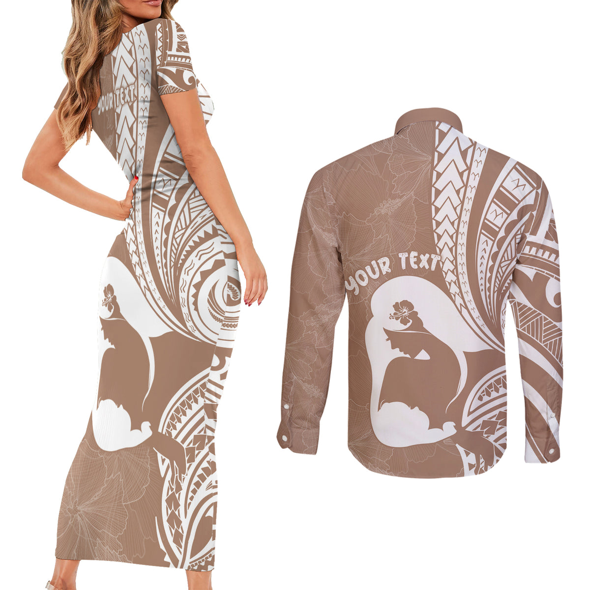 Mother's Day Couples Matching Short Sleeve Bodycon Dress and Long Sleeve Button Shirt Polynesia Vintage Hibiscus - Brown LT7 - Polynesian Pride