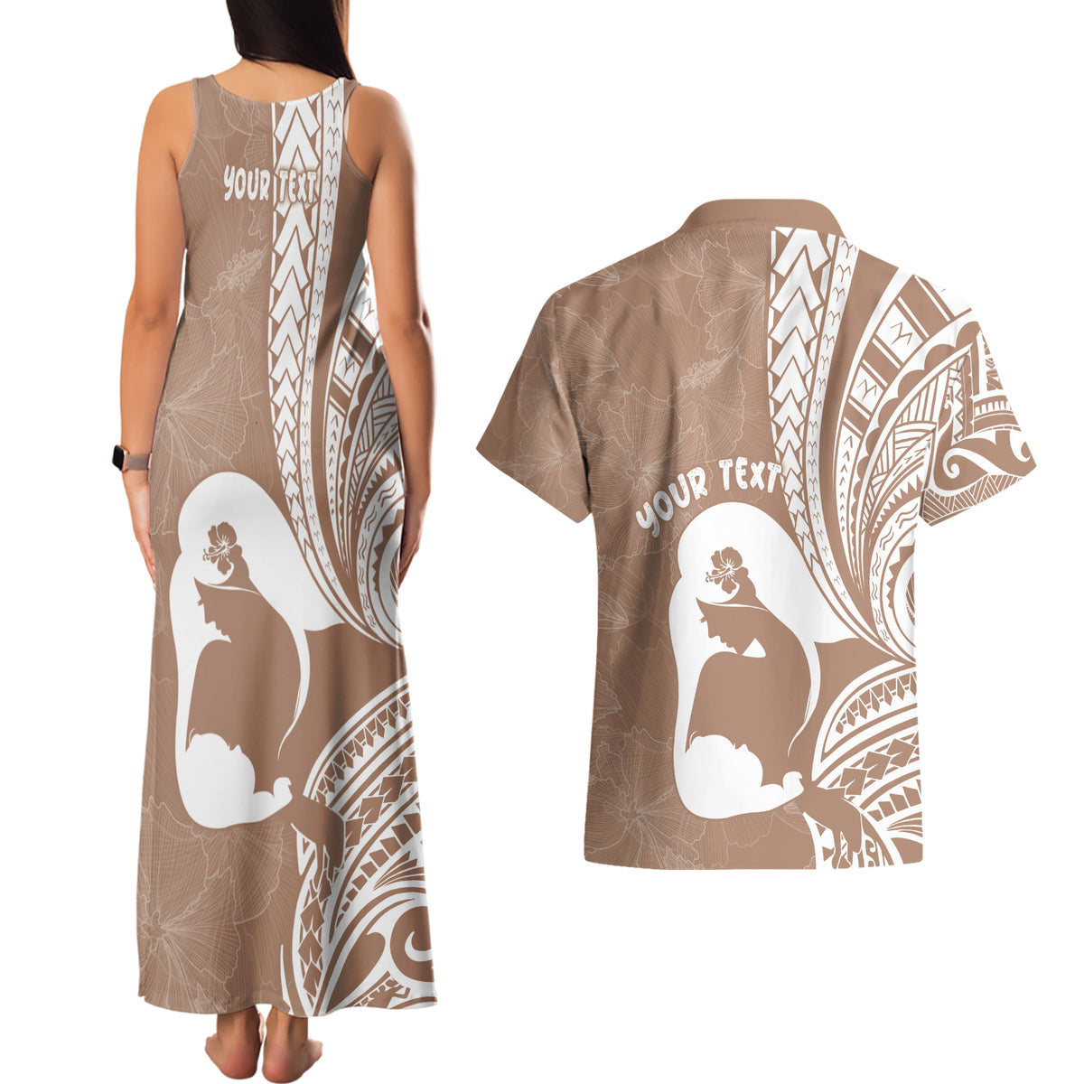 Mother's Day Couples Matching Tank Maxi Dress and Hawaiian Shirt Polynesia Vintage Hibiscus - Brown LT7 - Polynesian Pride