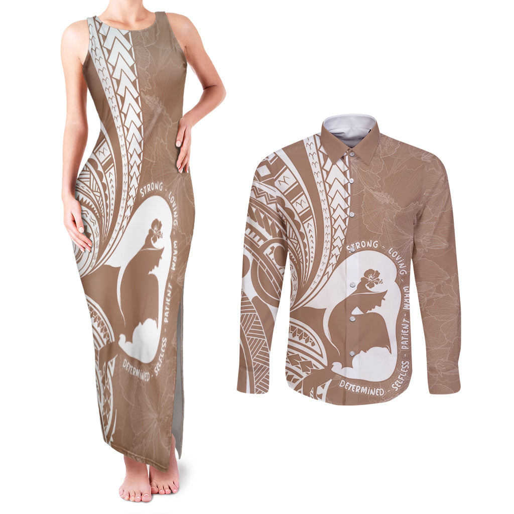 Mother's Day Couples Matching Tank Maxi Dress and Long Sleeve Button Shirt Polynesia Vintage Hibiscus - Brown