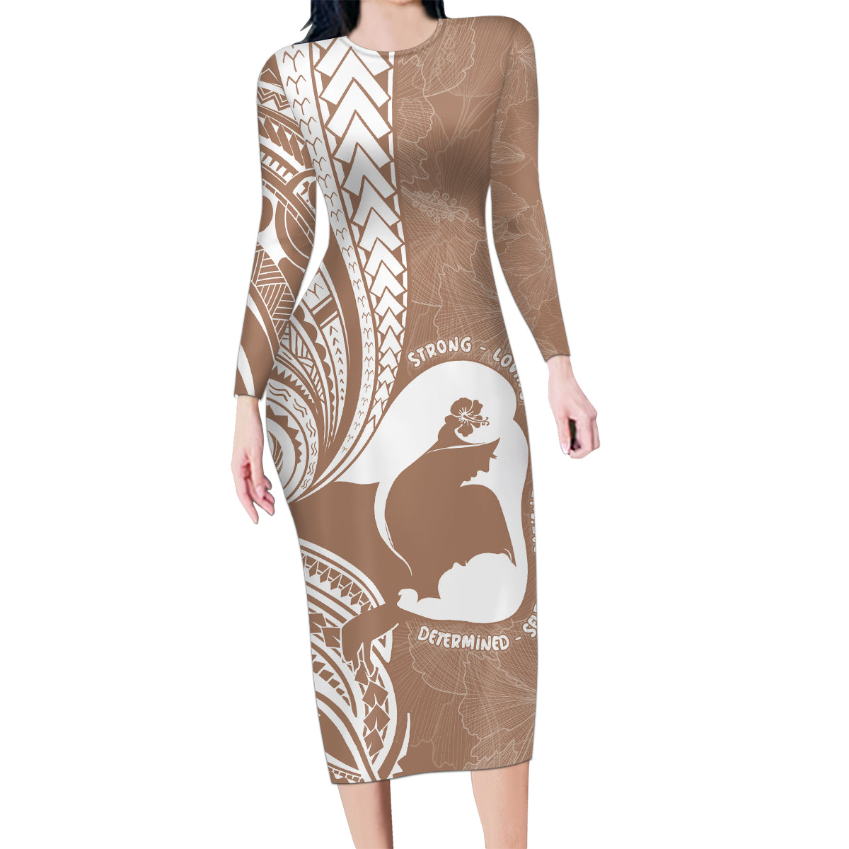 Mother's Day Family Matching Long Sleeve Bodycon Dress and Hawaiian Shirt Polynesia Vintage Hibiscus - Brown LT7 Mom's Dress Brown - Polynesian Pride