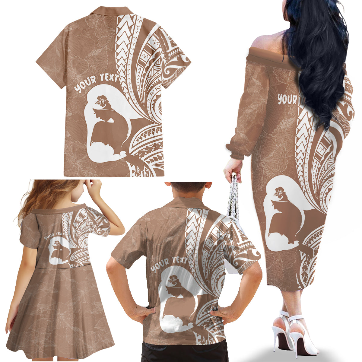 Mother's Day Family Matching Off The Shoulder Long Sleeve Dress and Hawaiian Shirt Polynesia Vintage Hibiscus - Brown LT7 - Polynesian Pride