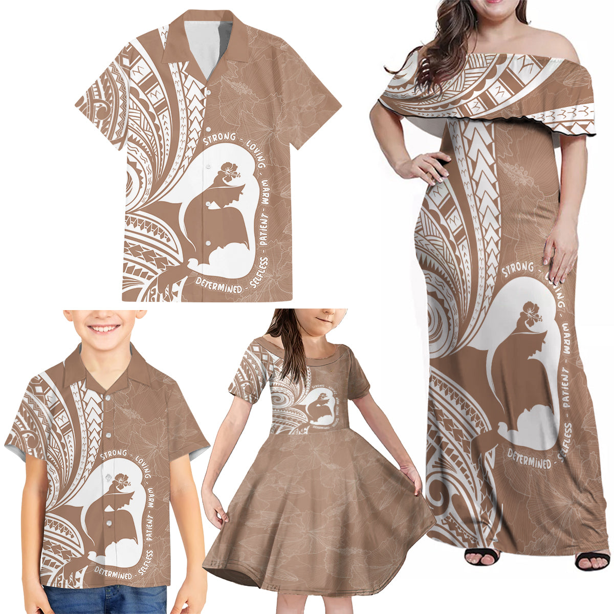 Mother's Day Family Matching Off Shoulder Maxi Dress and Hawaiian Shirt Polynesia Vintage Hibiscus - Brown LT7 - Polynesian Pride