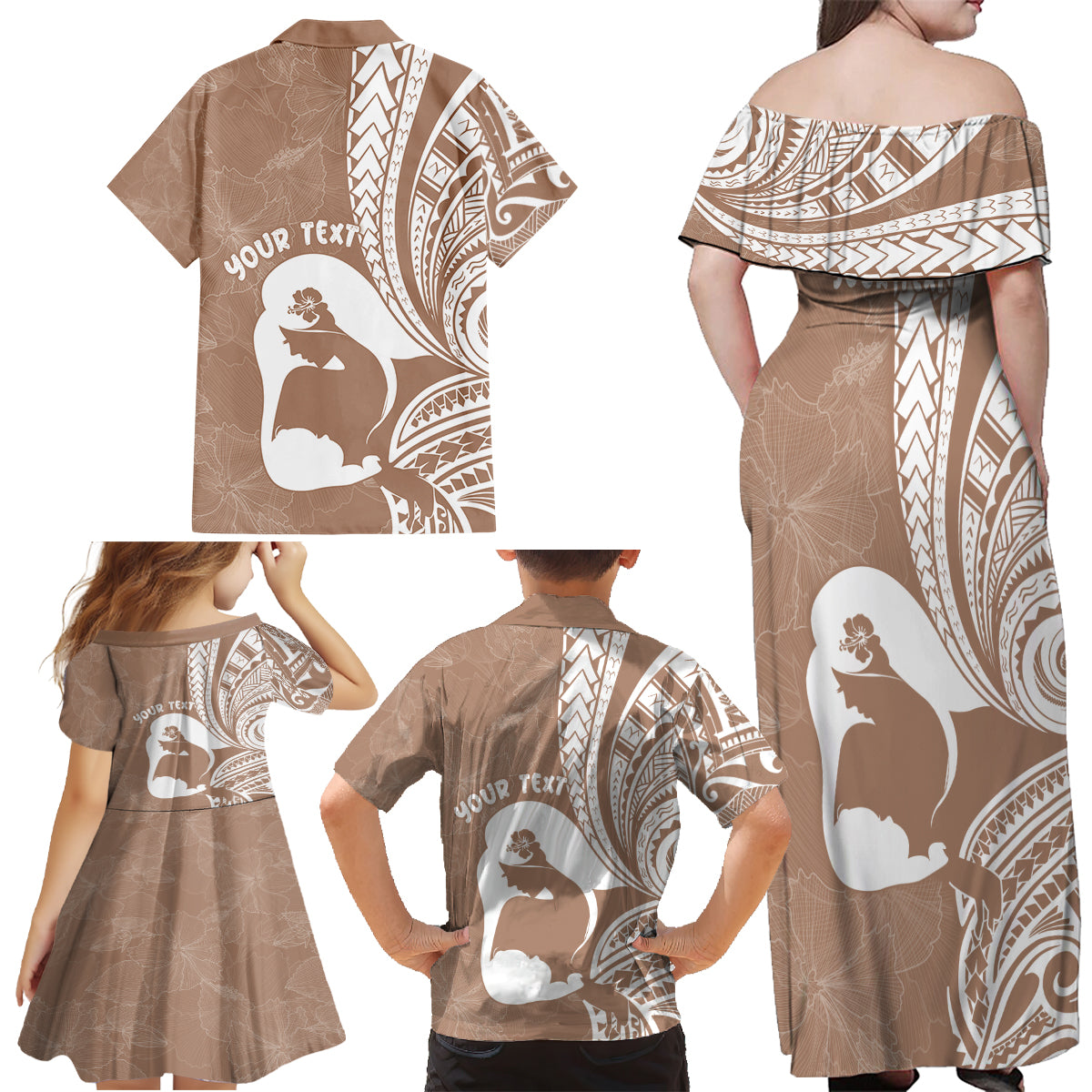 Mother's Day Family Matching Off Shoulder Maxi Dress and Hawaiian Shirt Polynesia Vintage Hibiscus - Brown LT7 - Polynesian Pride