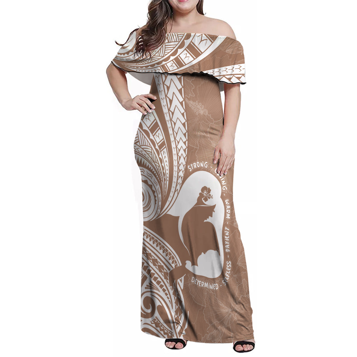 Mother's Day Family Matching Off Shoulder Maxi Dress and Hawaiian Shirt Polynesia Vintage Hibiscus - Brown LT7 Mom's Dress Brown - Polynesian Pride
