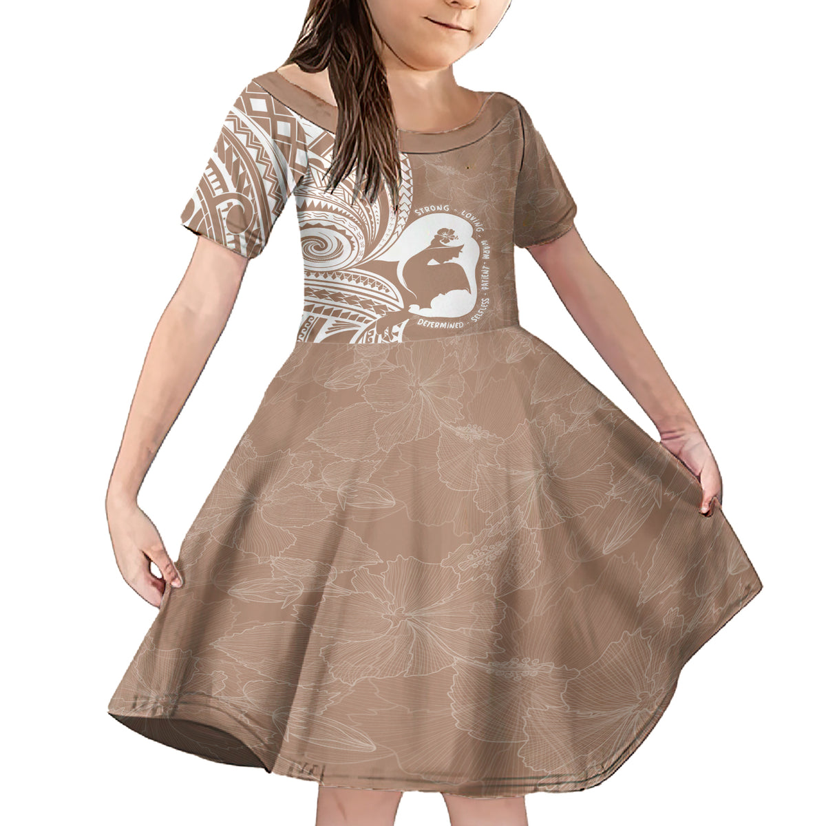 Mother's Day Family Matching Short Sleeve Bodycon Dress and Hawaiian Shirt Polynesia Vintage Hibiscus - Brown LT7 Daughter's Dress Brown - Polynesian Pride