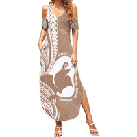 Mother's Day Family Matching Summer Maxi Dress and Hawaiian Shirt Polynesia Vintage Hibiscus - Brown LT7 Mom's Dress Brown - Polynesian Pride