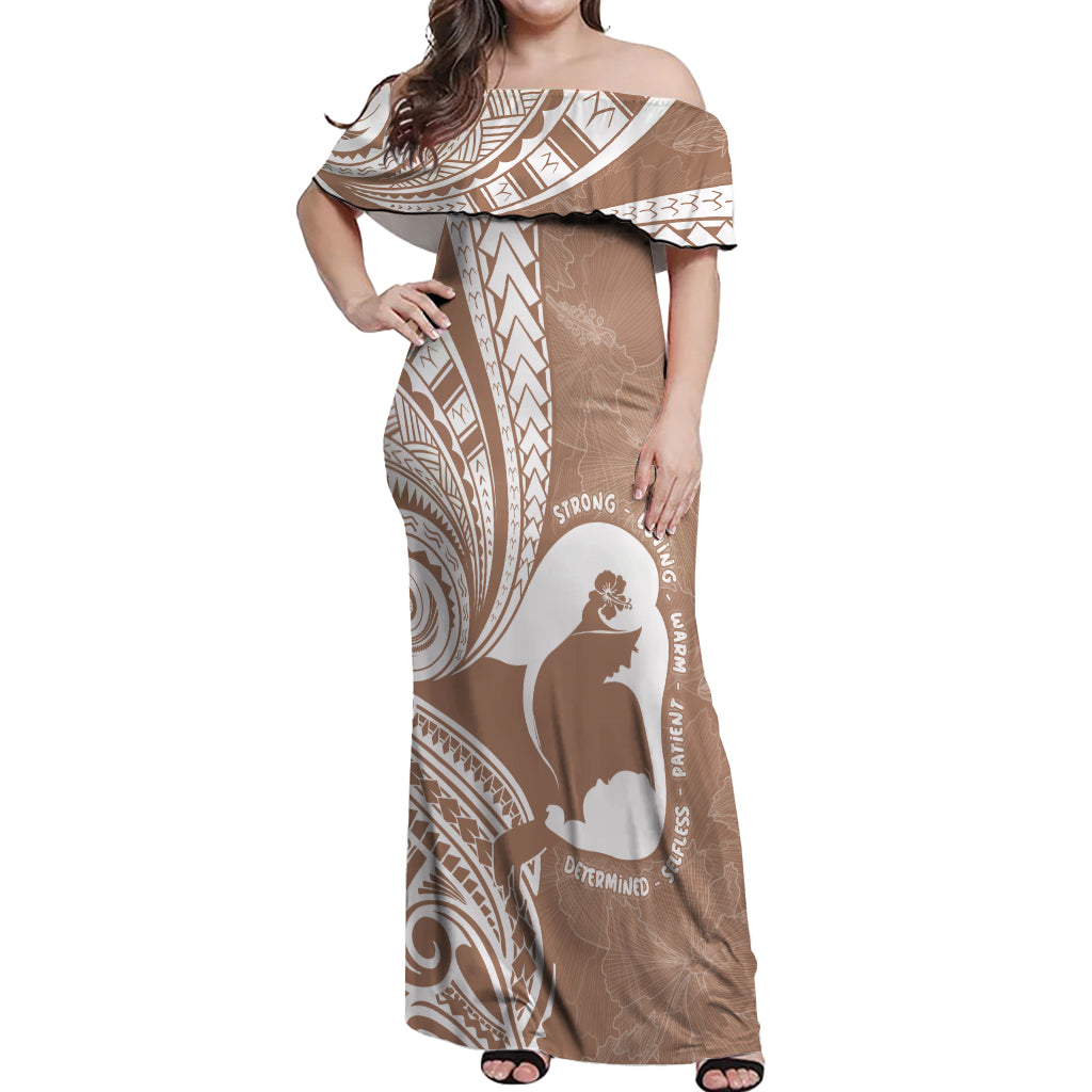 Mother's Day Off Shoulder Maxi Dress Polynesia Vintage Hibiscus - Brown LT7 Women Brown - Polynesian Pride