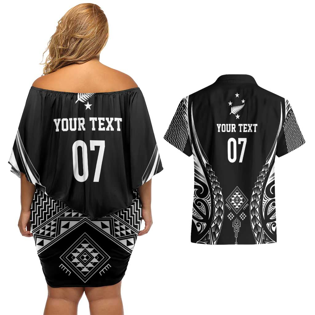 2025 Rugby Championship New Zealand Custom Couples Matching Off Shoulder Short Dress and Hawaiian Shirt Poutama Motifs - Polynesian Pride