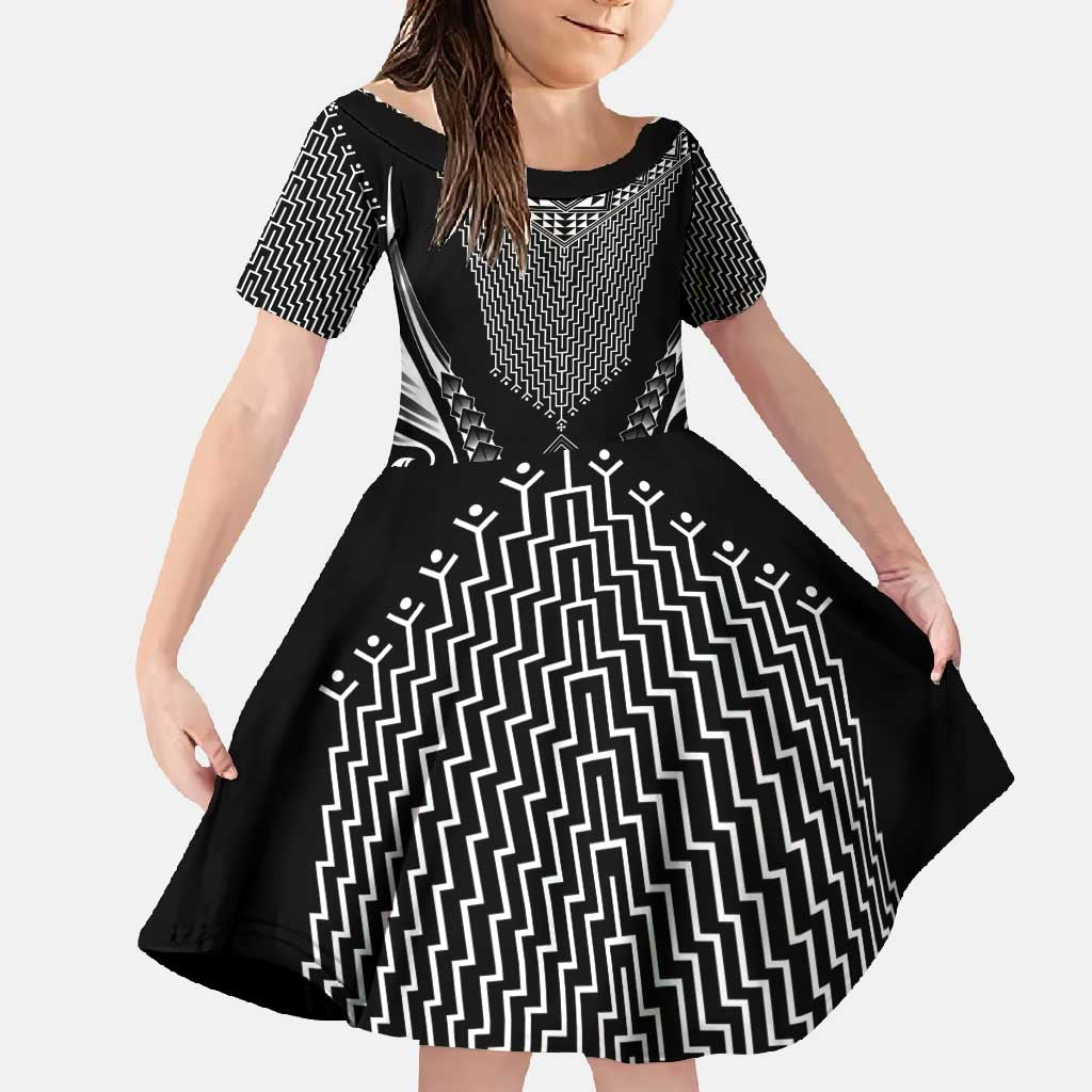 2025 Rugby Championship New Zealand Custom Family Matching Tank Maxi Dress and Hawaiian Shirt Poutama Motifs LT7 Daughter's Dress Black - Polynesian Pride