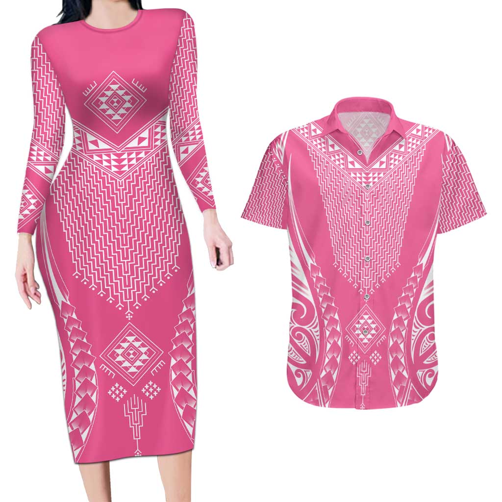 2025 Rugby Championship New Zealand Custom Couples Matching Long Sleeve Bodycon Dress and Hawaiian Shirt Poutama Motifs - Pink Out - Polynesian Pride