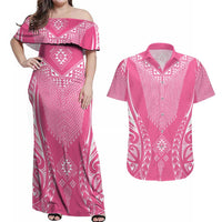 2025 Rugby Championship New Zealand Custom Couples Matching Off Shoulder Maxi Dress and Hawaiian Shirt Poutama Motifs - Pink Out - Polynesian Pride