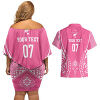 2025 Rugby Championship New Zealand Custom Couples Matching Off Shoulder Short Dress and Hawaiian Shirt Poutama Motifs - Pink Out - Polynesian Pride