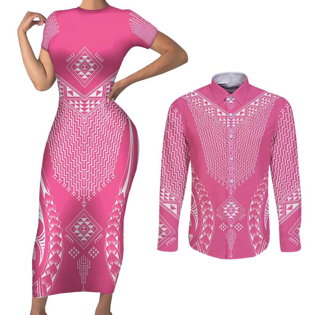 2025 Rugby Championship New Zealand Custom Couples Matching Short Sleeve Bodycon Dress and Long Sleeve Button Shirt Poutama Motifs - Pink Out - Polynesian Pride
