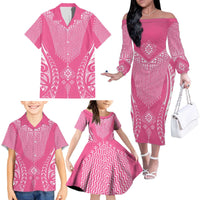 2025 Rugby Championship New Zealand Custom Family Matching Off The Shoulder Long Sleeve Dress and Hawaiian Shirt Poutama Motifs - Pink Out - Polynesian Pride