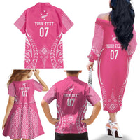 2025 Rugby Championship New Zealand Custom Family Matching Off The Shoulder Long Sleeve Dress and Hawaiian Shirt Poutama Motifs - Pink Out - Polynesian Pride