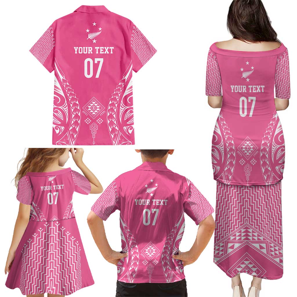 2025 Rugby Championship New Zealand Custom Family Matching Puletasi and Hawaiian Shirt Poutama Motifs - Pink Out - Polynesian Pride