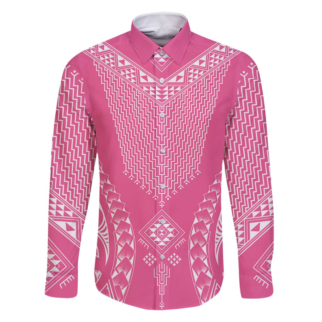 2025 Rugby Championship New Zealand Custom Family Matching Tank Maxi Dress and Hawaiian Shirt Poutama Motifs - Pink Out LT7 Dad's Shirt - Long Sleeve Pink - Polynesian Pride