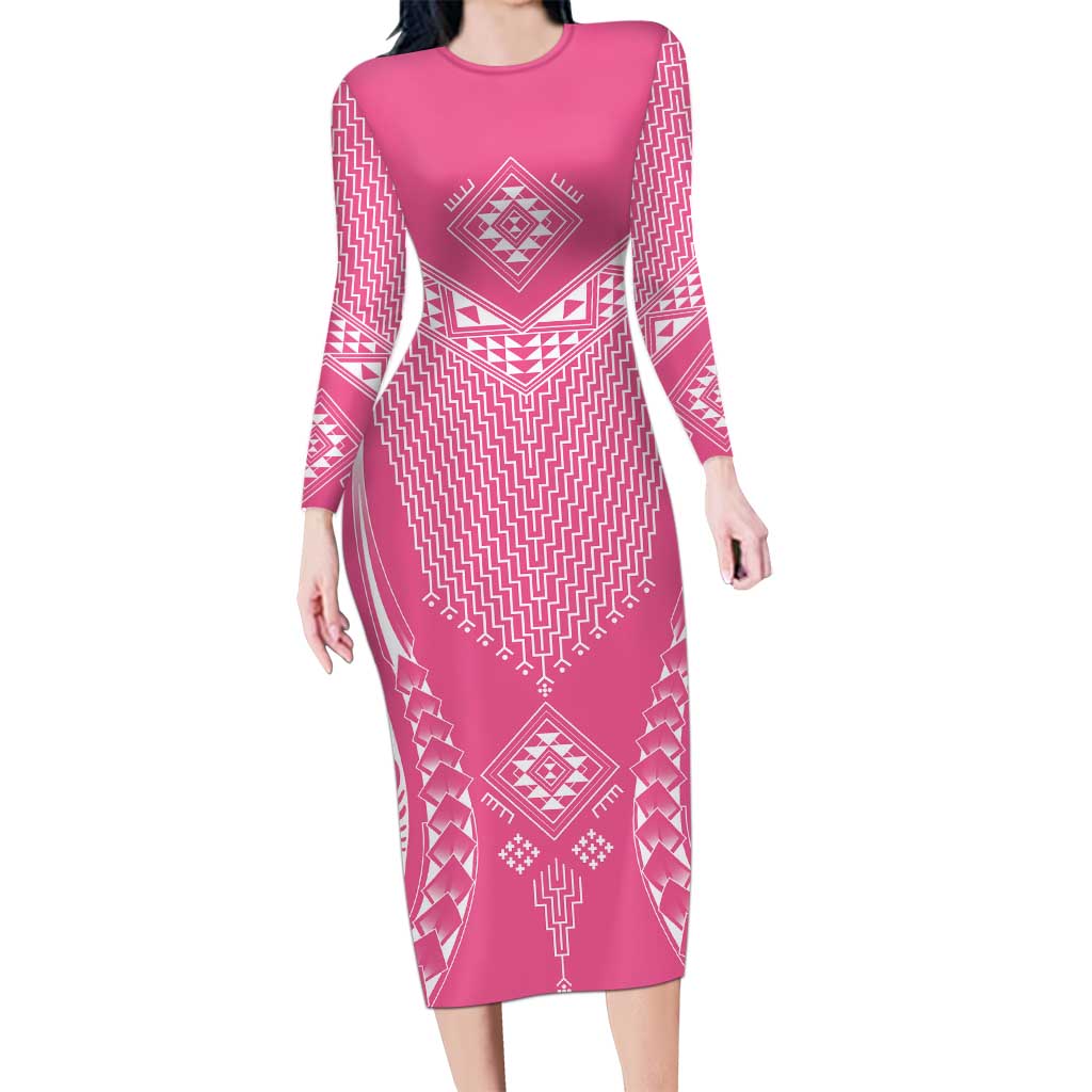 2025 Rugby Championship New Zealand Custom Long Sleeve Bodycon Dress Poutama Motifs - Pink Out LT7 Long Dress Pink - Polynesian Pride