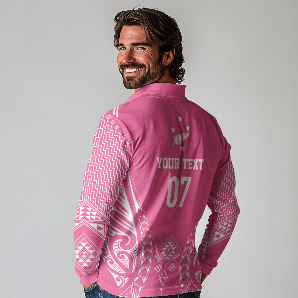 2025 Rugby Championship New Zealand Custom Long Sleeve Polo Shirt Poutama Motifs - Pink Out LT7 - Polynesian Pride