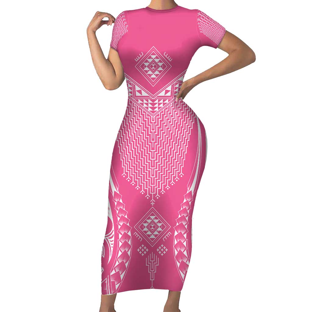 2025 Rugby Championship New Zealand Custom Short Sleeve Bodycon Dress Poutama Motifs - Pink Out LT7 Long Dress Pink - Polynesian Pride