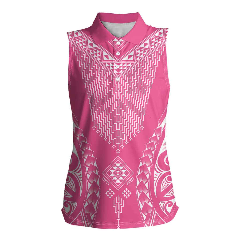 2025 Rugby Championship New Zealand Custom Women Sleeveless Polo Shirt Poutama Motifs - Pink Out LT7 Female Pink - Polynesian Pride