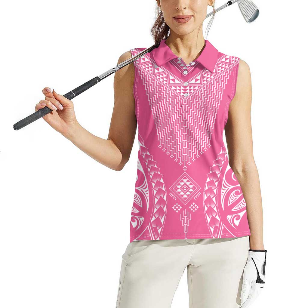 2025 Rugby Championship New Zealand Custom Women Sleeveless Polo Shirt Poutama Motifs - Pink Out LT7 - Polynesian Pride