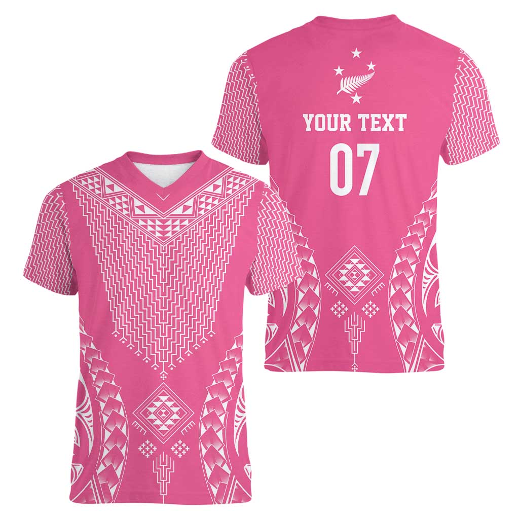 2025 Rugby Championship New Zealand Custom Women V-Neck T-Shirt Poutama Motifs - Pink Out LT7 - Polynesian Pride