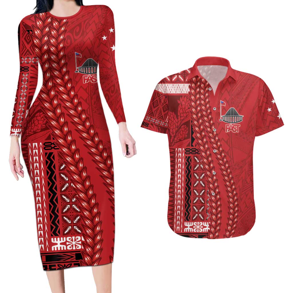 Samoa FAST Siapo Couples Matching Long Sleeve Bodycon Dress and Hawaiian Shirt Tatau-Ulafala Vines LT7 Red - Polynesian Pride