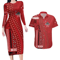 Samoa FAST Siapo Couples Matching Long Sleeve Bodycon Dress and Hawaiian Shirt Tatau-Ulafala Vines LT7 Red - Polynesian Pride