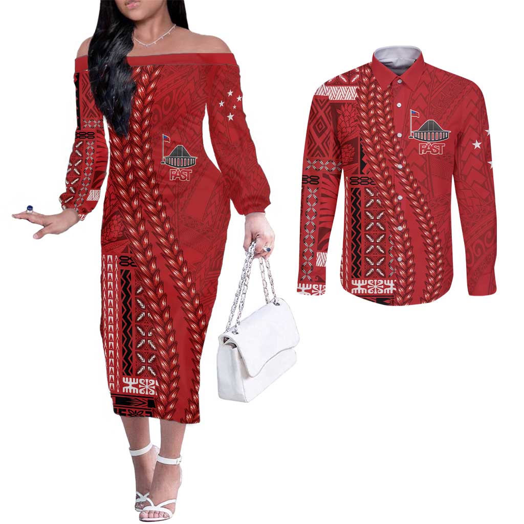 Samoa FAST Siapo Couples Matching Off The Shoulder Long Sleeve Dress and Long Sleeve Button Shirt Tatau-Ulafala Vines - Polynesian Pride