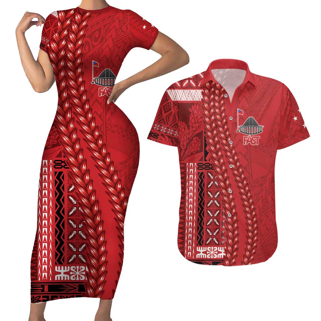Samoa FAST Siapo Couples Matching Short Sleeve Bodycon Dress and Hawaiian Shirt Tatau-Ulafala Vines LT7 Red - Polynesian Pride